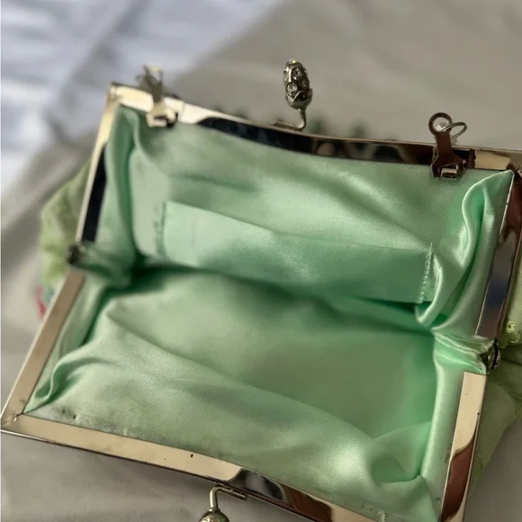 Vintage Beaded Floral Satin Purse – Mint Green Sequin Clutch Embellished - Picture 6 of 10